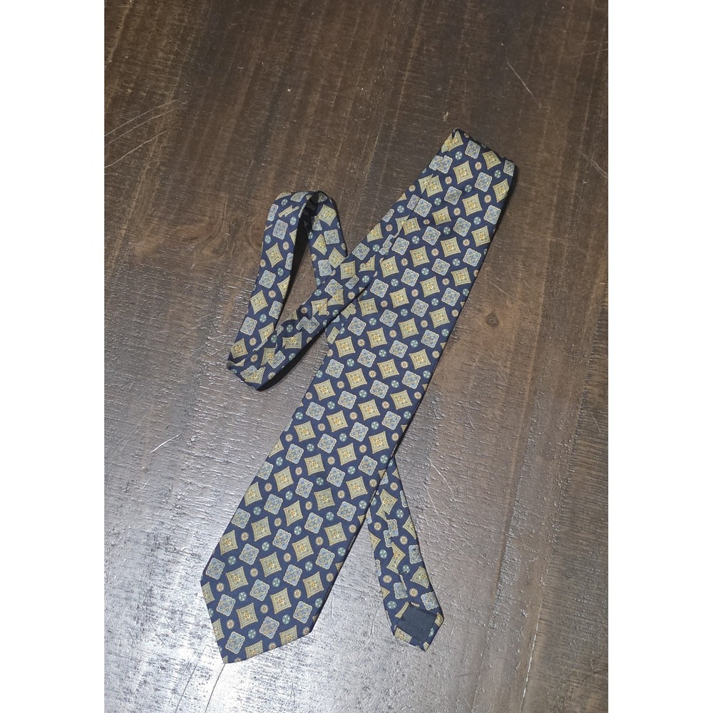 Giulio Randi Italy Silk Tie Mens Navy Blue Yellow Geometric Medallion Medallions